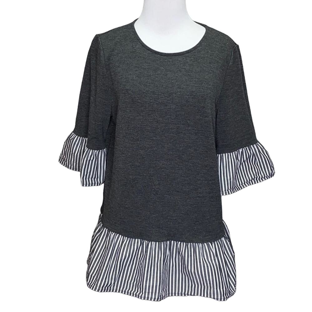Pleione Ruffle Bell Sleeves Striped Blouse Medium